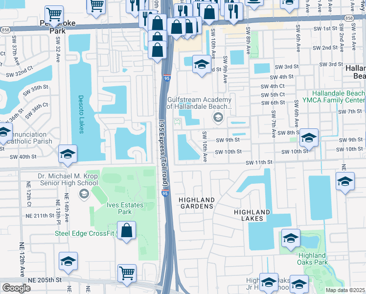 map of restaurants, bars, coffee shops, grocery stores, and more near 1050 Southwest 11th Avenue in Hallandale Beach