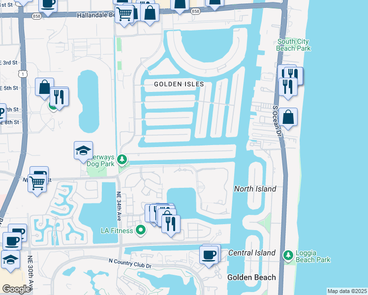 map of restaurants, bars, coffee shops, grocery stores, and more near 412 Holiday Drive in Hallandale Beach