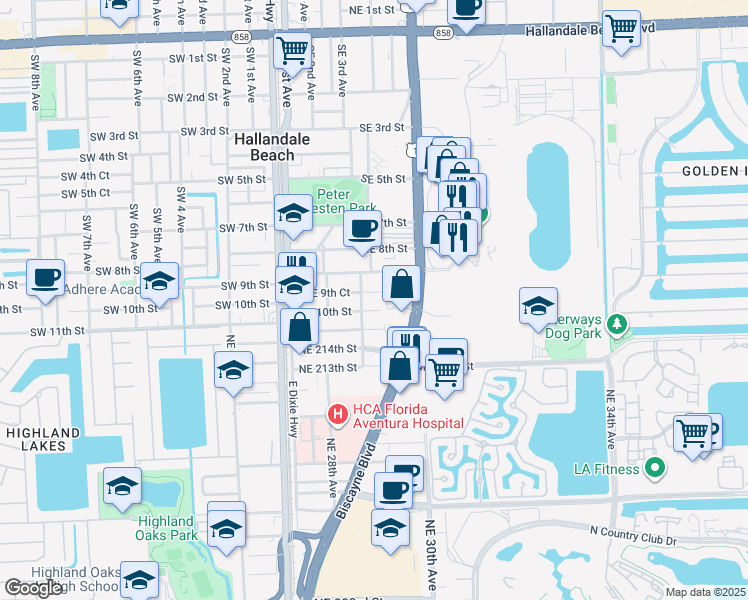 map of restaurants, bars, coffee shops, grocery stores, and more near 1000 Federal Highway in Hallandale Beach