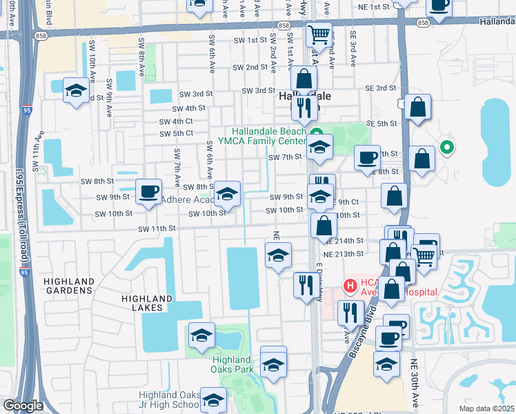map of restaurants, bars, coffee shops, grocery stores, and more near 215 Southwest 9th Street in Hallandale Beach