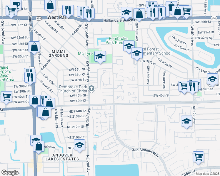 map of restaurants, bars, coffee shops, grocery stores, and more near 3804 Southwest 52nd Avenue in Hollywood