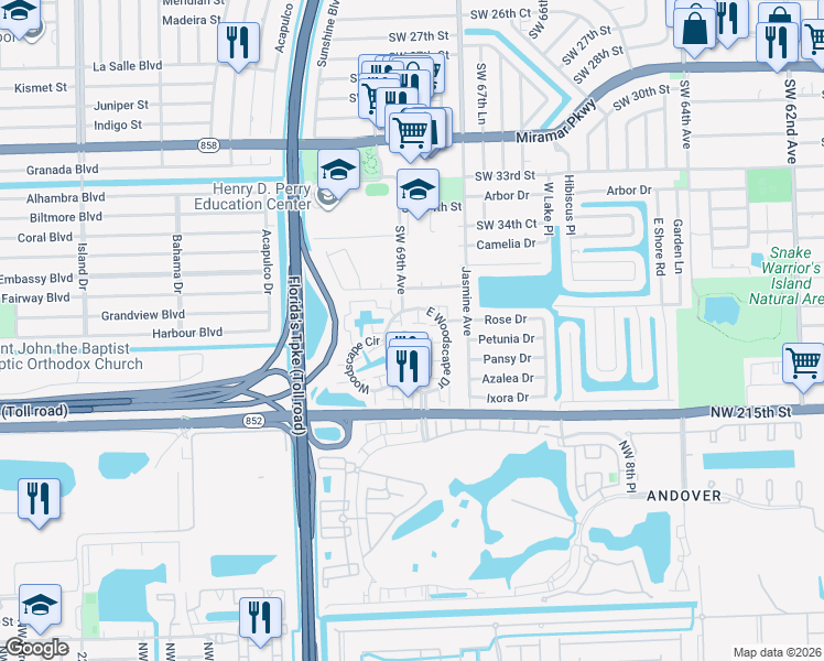 map of restaurants, bars, coffee shops, grocery stores, and more near 6912 Southwest 37th Street in Miramar
