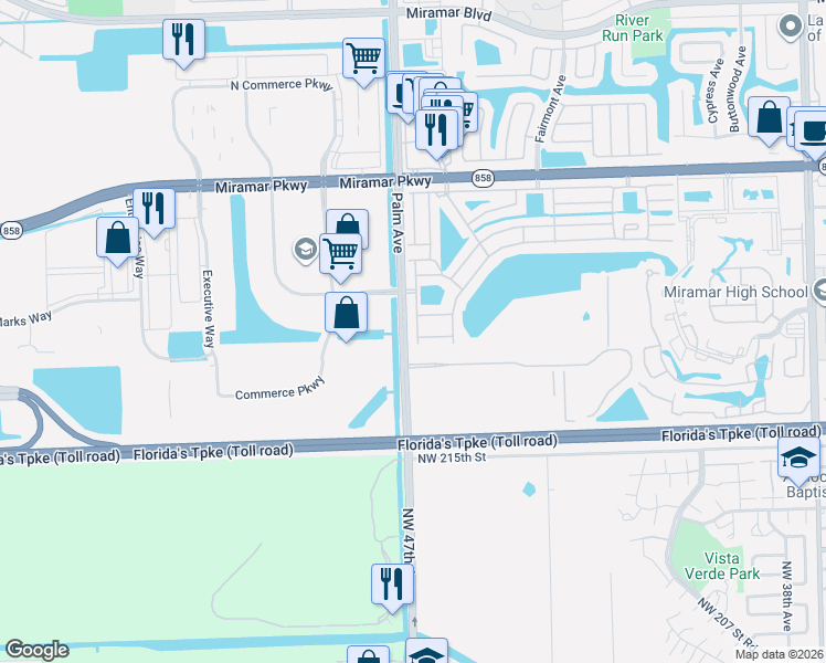 map of restaurants, bars, coffee shops, grocery stores, and more near 3720 Marlberry Lane in Miramar