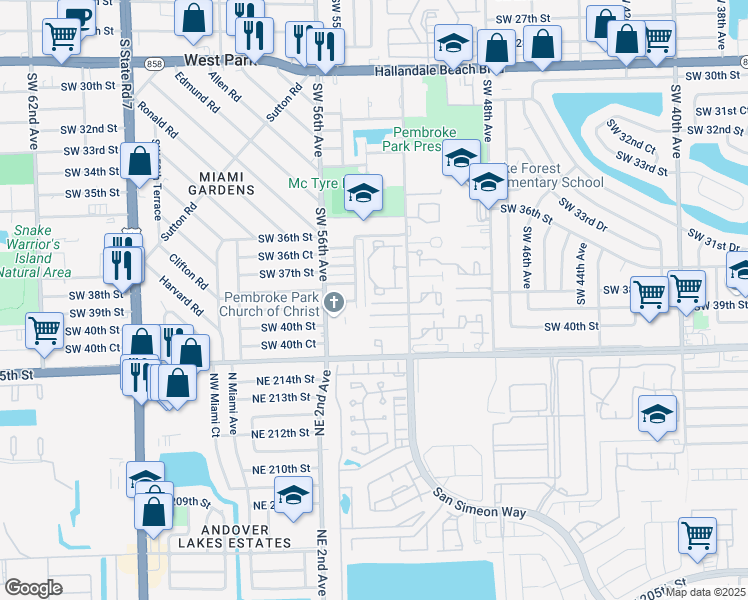 map of restaurants, bars, coffee shops, grocery stores, and more near 3828 Southwest 52nd Avenue in Hollywood