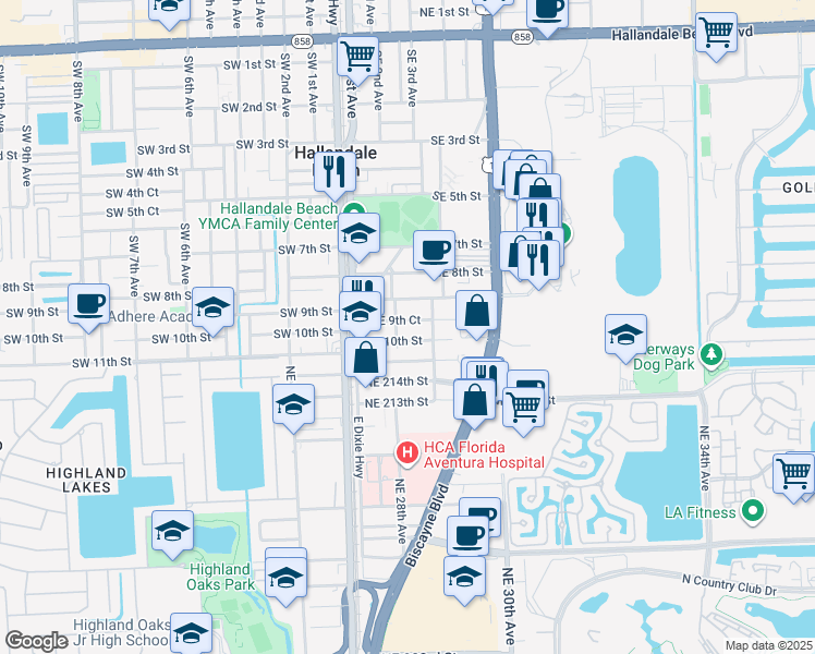 map of restaurants, bars, coffee shops, grocery stores, and more near 228 Southeast 9th Court in Hallandale Beach