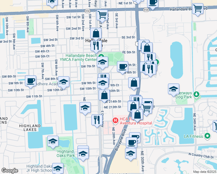 map of restaurants, bars, coffee shops, grocery stores, and more near 116 Southeast 9th Court in Hallandale Beach