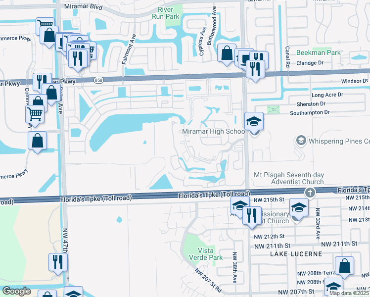 map of restaurants, bars, coffee shops, grocery stores, and more near 3444 Foxcroft Road in Miramar