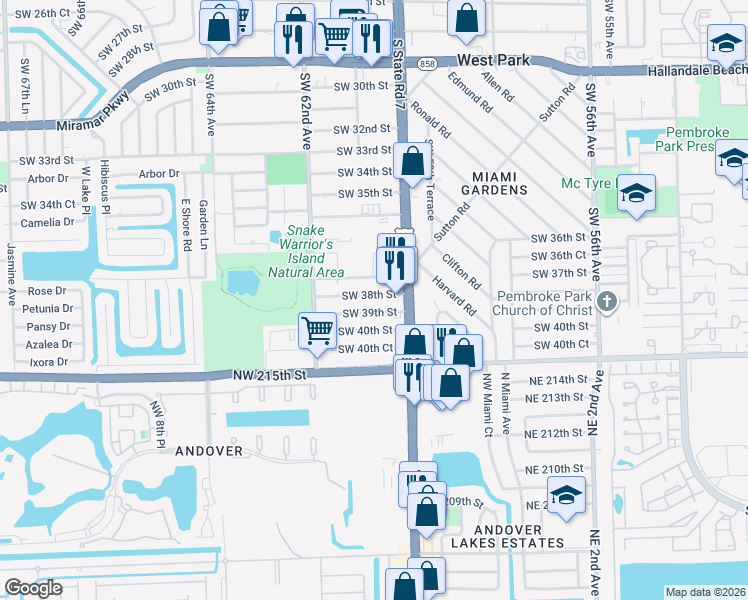 map of restaurants, bars, coffee shops, grocery stores, and more near 6047 Southwest 38th Street in Miramar