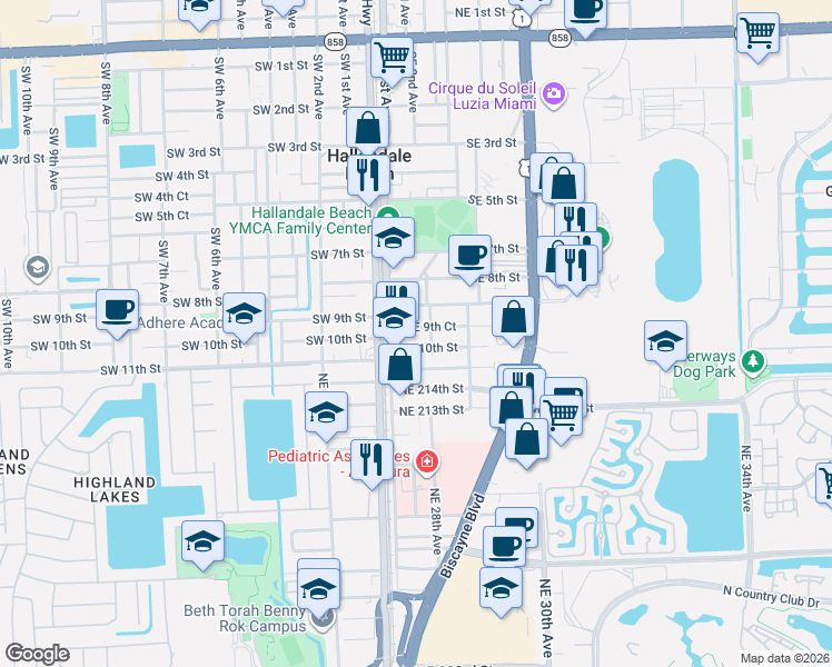 map of restaurants, bars, coffee shops, grocery stores, and more near 116 Southeast 9th Court in Hallandale Beach