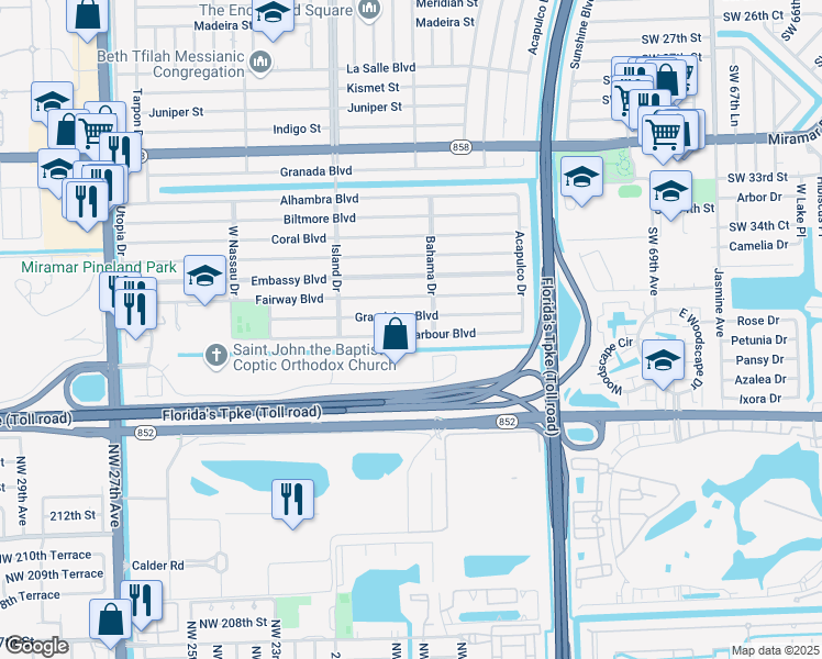 map of restaurants, bars, coffee shops, grocery stores, and more near 7510 Grandview Boulevard in Miramar