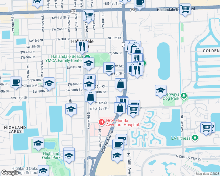 map of restaurants, bars, coffee shops, grocery stores, and more near 228 Southeast 9th Court in Hallandale Beach