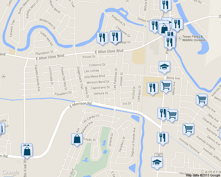 map of restaurants, bars, coffee shops, grocery stores, and more near 1550 Capistrano Dr in Brownsville