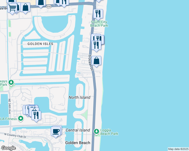map of restaurants, bars, coffee shops, grocery stores, and more near 699 Ocean Boulevard in Golden Beach