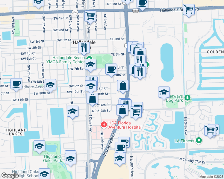 map of restaurants, bars, coffee shops, grocery stores, and more near 228 Southeast 9th Court in Hallandale Beach