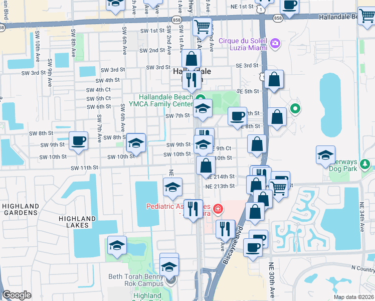 map of restaurants, bars, coffee shops, grocery stores, and more near 105 Southwest 9th Street in Hallandale Beach