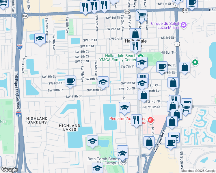 map of restaurants, bars, coffee shops, grocery stores, and more near 905 Southwest 4th Terrace in Hallandale Beach