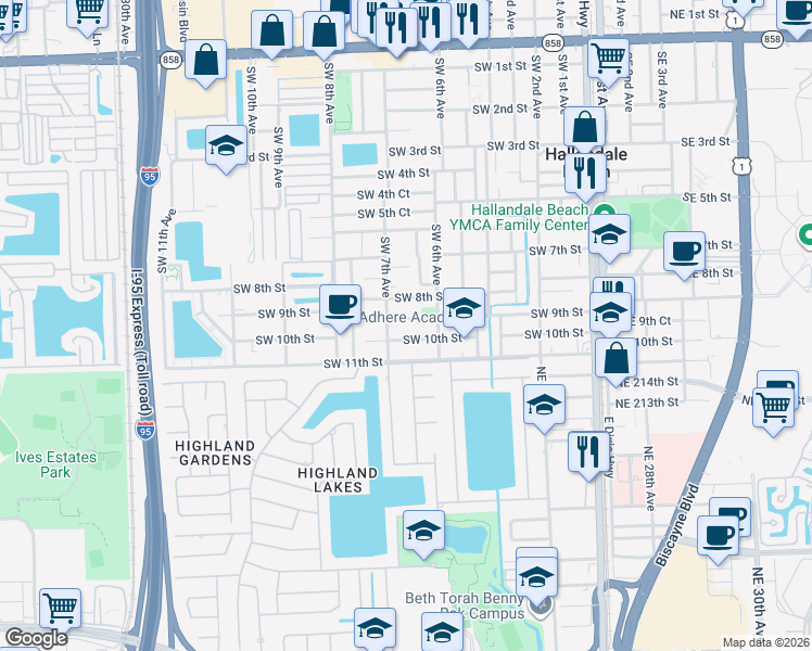 map of restaurants, bars, coffee shops, grocery stores, and more near 635 Southwest 9th Street in Hallandale Beach