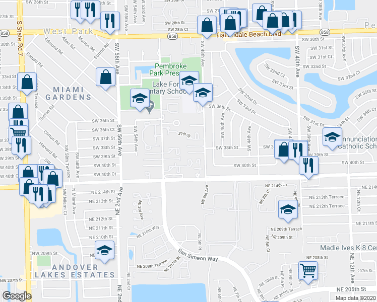 map of restaurants, bars, coffee shops, grocery stores, and more near 3871 Southwest 52nd Avenue in Pembroke Park