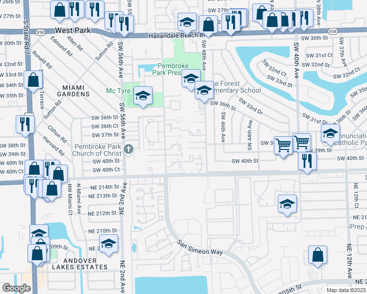 map of restaurants, bars, coffee shops, grocery stores, and more near 3871 Southwest 52nd Avenue in Pembroke Park