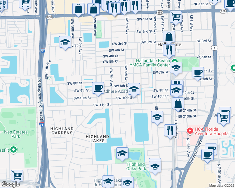 map of restaurants, bars, coffee shops, grocery stores, and more near 635 Southwest 9th Street in Hallandale Beach