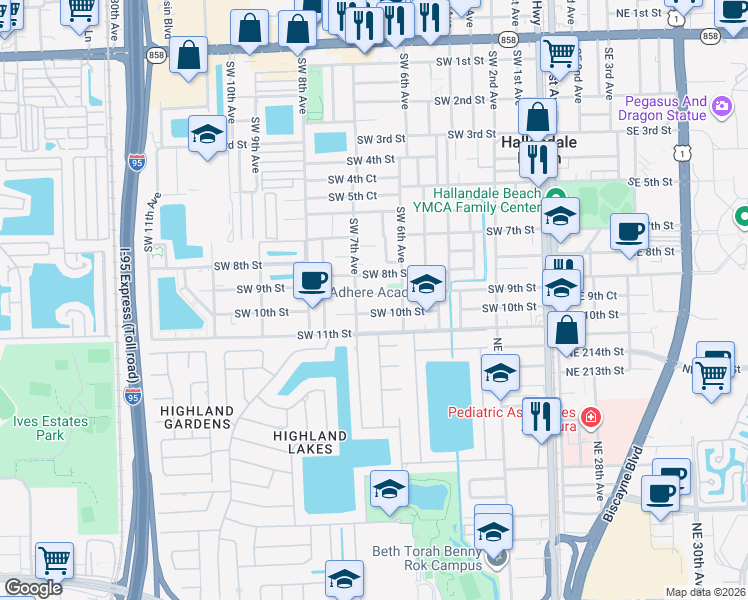 map of restaurants, bars, coffee shops, grocery stores, and more near 635 Southwest 9th Street in Hallandale Beach