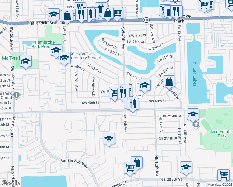 map of restaurants, bars, coffee shops, grocery stores, and more near 3800 Southwest 41st Avenue in West Park