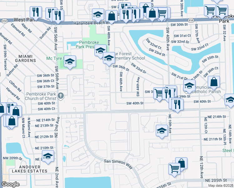 map of restaurants, bars, coffee shops, grocery stores, and more near 4620 Southwest 38th Street in West Park