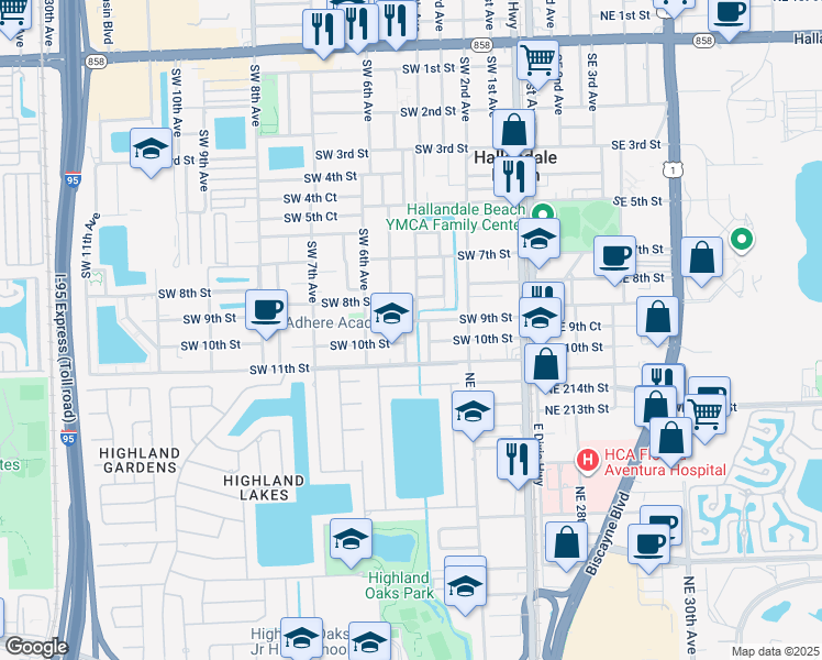 map of restaurants, bars, coffee shops, grocery stores, and more near 905 Southwest 4th Terrace in Hallandale Beach