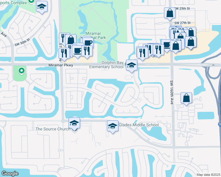 map of restaurants, bars, coffee shops, grocery stores, and more near 16640 Southwest 36th Street in Miramar