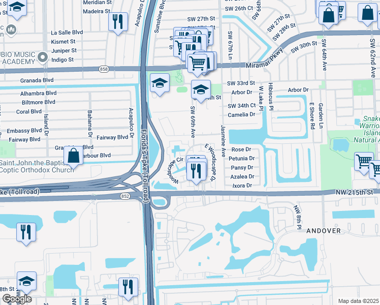 map of restaurants, bars, coffee shops, grocery stores, and more near 6912 Southwest 37th Street in Miramar