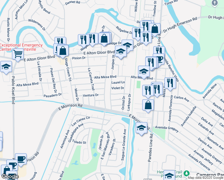 map of restaurants, bars, coffee shops, grocery stores, and more near 1704 Violet Drive in Brownsville