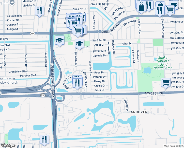 map of restaurants, bars, coffee shops, grocery stores, and more near 6772 Rose Dr in Miramar