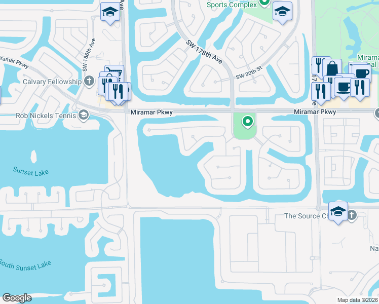 map of restaurants, bars, coffee shops, grocery stores, and more near 18074 Southwest 33rd Court in Miramar