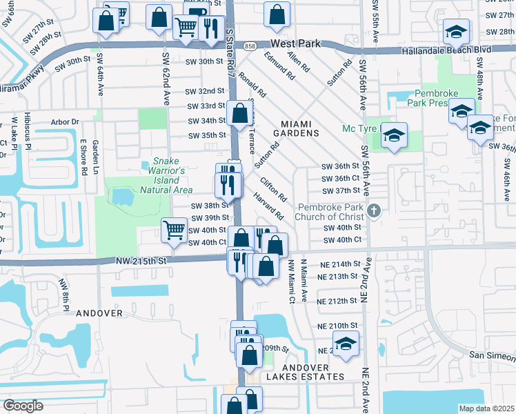 map of restaurants, bars, coffee shops, grocery stores, and more near 3907 Southwest 59th Avenue in West Park