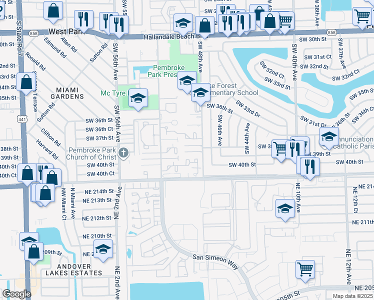 map of restaurants, bars, coffee shops, grocery stores, and more near 3871 Southwest 52nd Avenue in Pembroke Park
