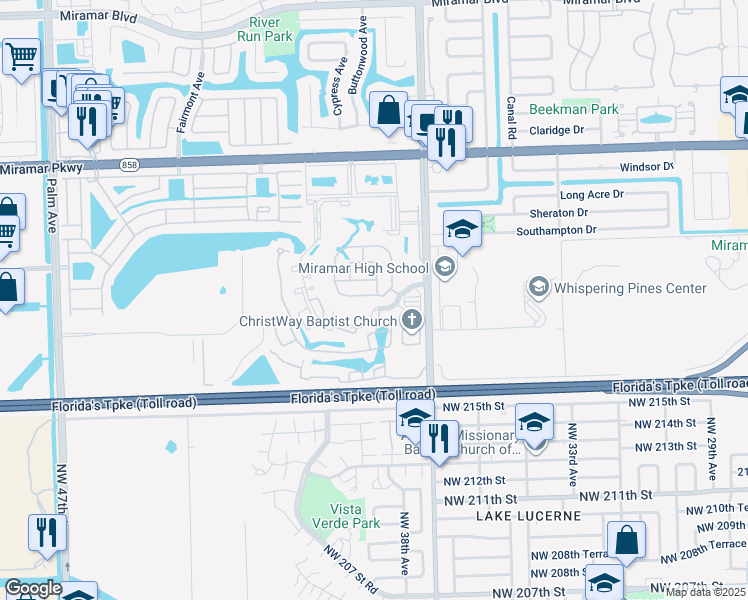 map of restaurants, bars, coffee shops, grocery stores, and more near 9076 36th Manor in Miramar