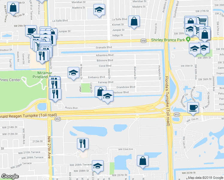 map of restaurants, bars, coffee shops, grocery stores, and more near 3705 Island Drive in Miramar