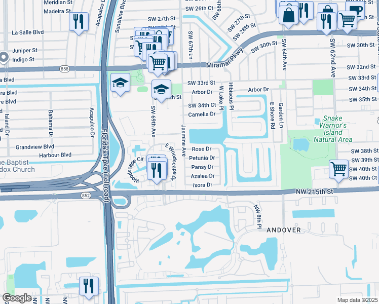 map of restaurants, bars, coffee shops, grocery stores, and more near 6772 Rose Drive in Miramar