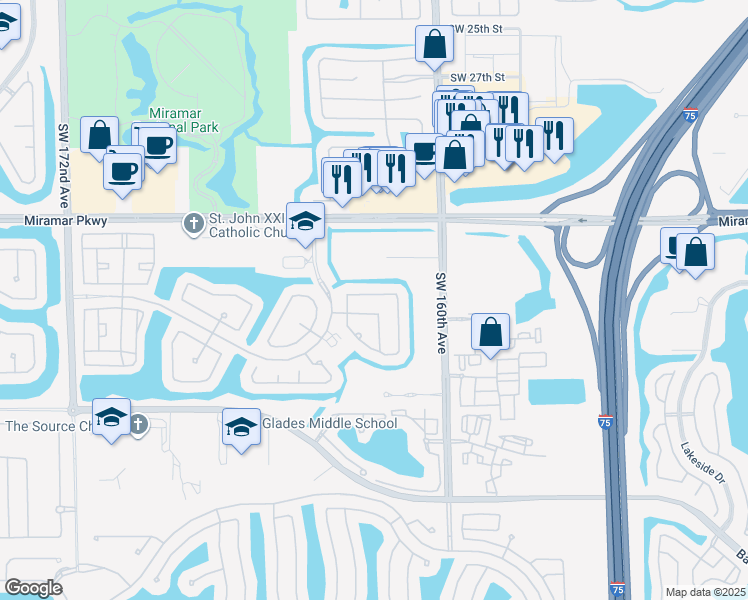 map of restaurants, bars, coffee shops, grocery stores, and more near 16210 Southwest 36th Street in Miramar