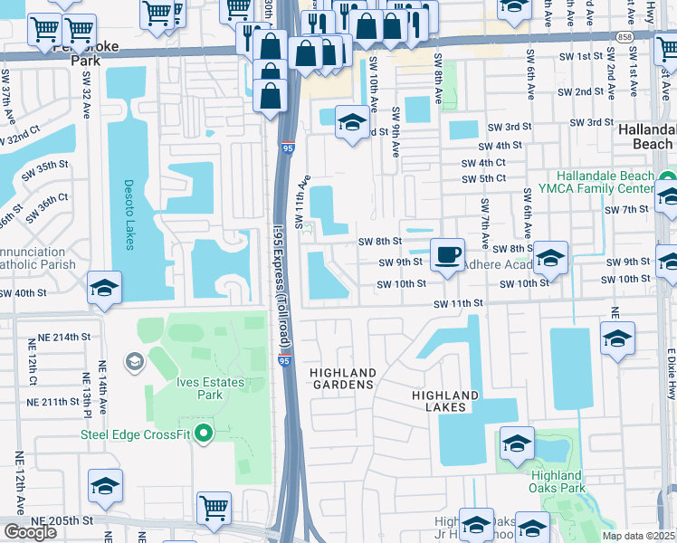 map of restaurants, bars, coffee shops, grocery stores, and more near 22 Southwest 10th Terrace in Hallandale Beach