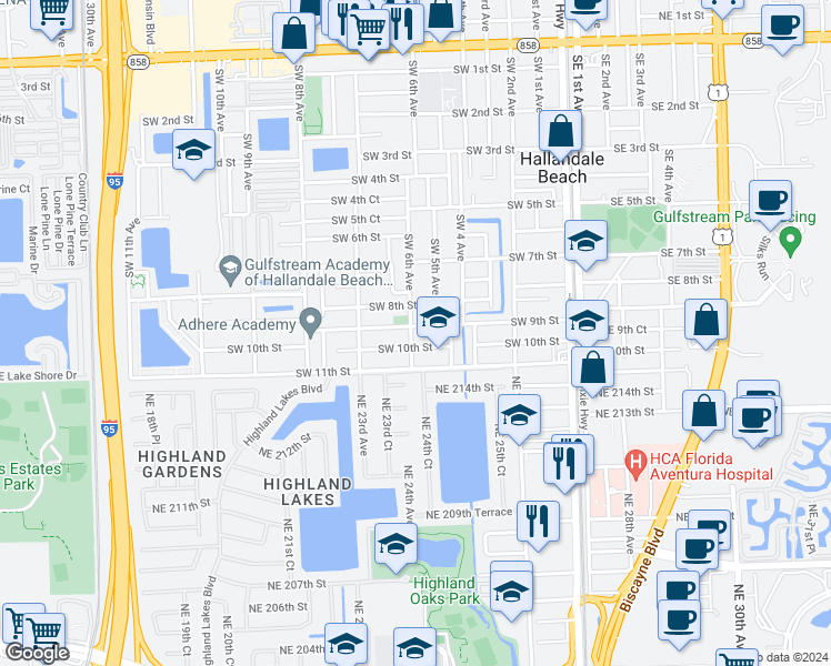 map of restaurants, bars, coffee shops, grocery stores, and more near 521 Southwest 9th Street in Hallandale Beach