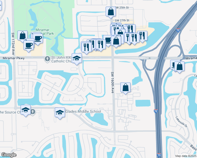 map of restaurants, bars, coffee shops, grocery stores, and more near 16210 Southwest 36th Street in Miramar