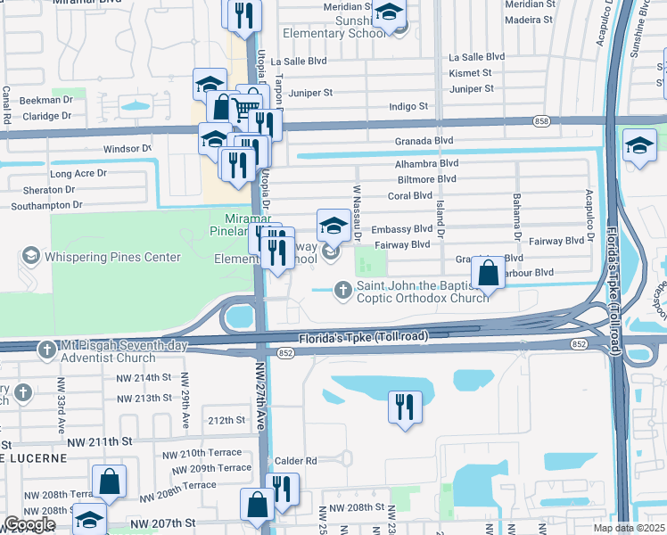 map of restaurants, bars, coffee shops, grocery stores, and more near 7850 Fairway Boulevard in Miramar