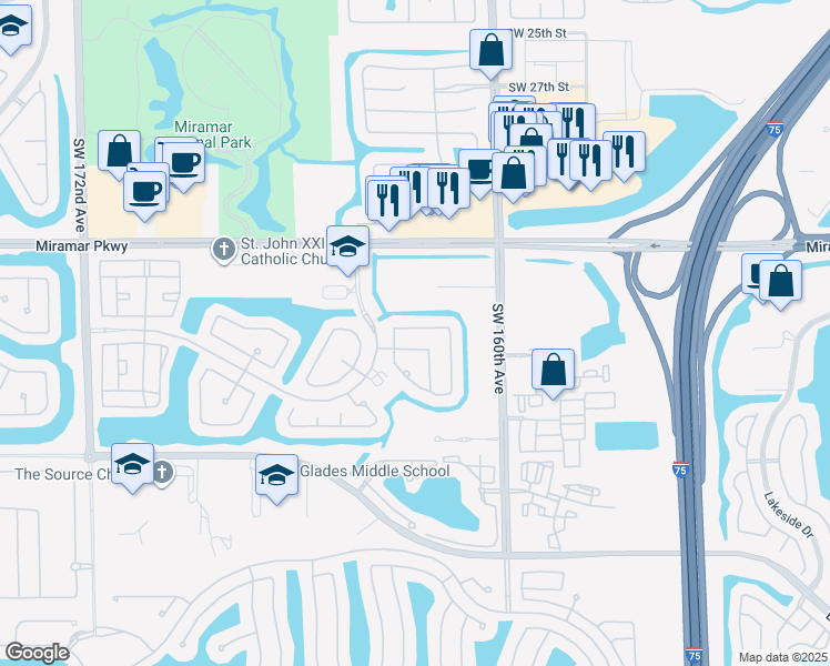 map of restaurants, bars, coffee shops, grocery stores, and more near 16210 Southwest 36th Street in Miramar