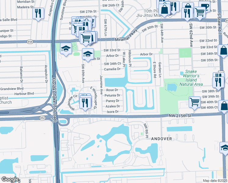 map of restaurants, bars, coffee shops, grocery stores, and more near 6740 Rose Drive in Miramar