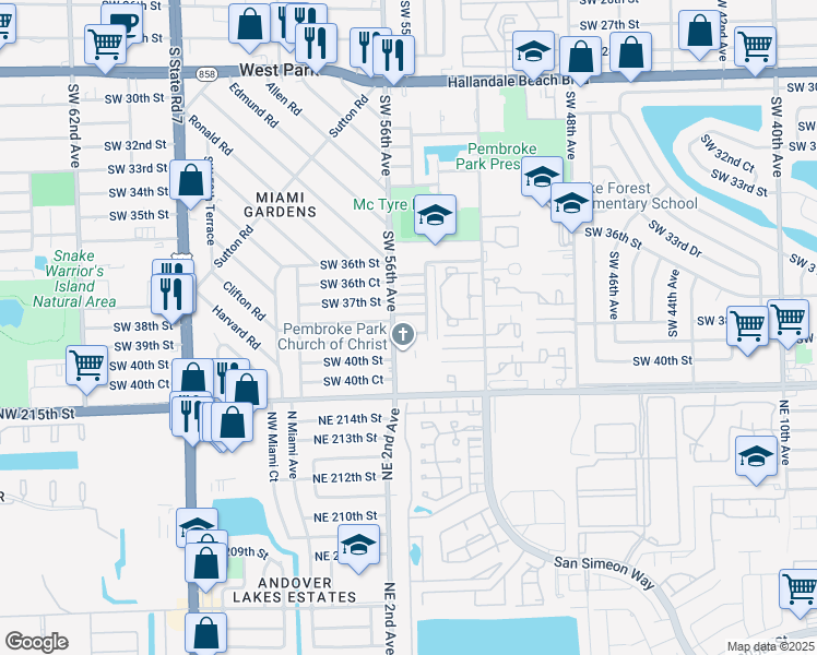 map of restaurants, bars, coffee shops, grocery stores, and more near 5501 Southwest 38th Court in West Park