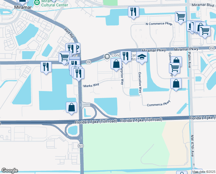 map of restaurants, bars, coffee shops, grocery stores, and more near 10500 Marks Way in Miramar