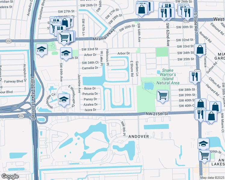 map of restaurants, bars, coffee shops, grocery stores, and more near 3808 East Lake Terrace in Miramar