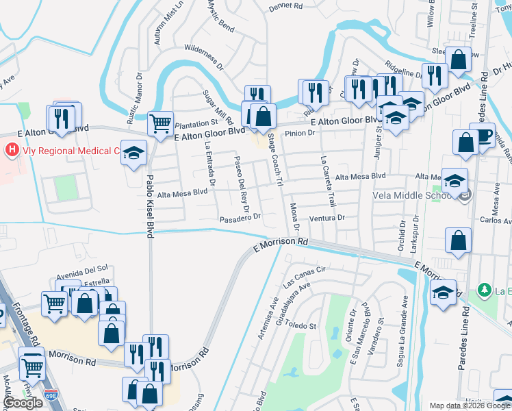 map of restaurants, bars, coffee shops, grocery stores, and more near 4833 Camino Verde Drive in Brownsville