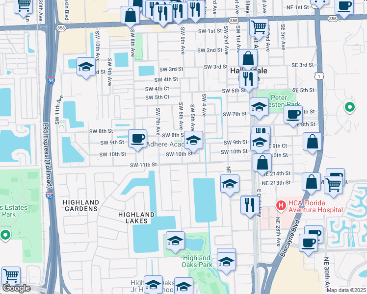 map of restaurants, bars, coffee shops, grocery stores, and more near 521 Southwest 9th Street in Hallandale Beach